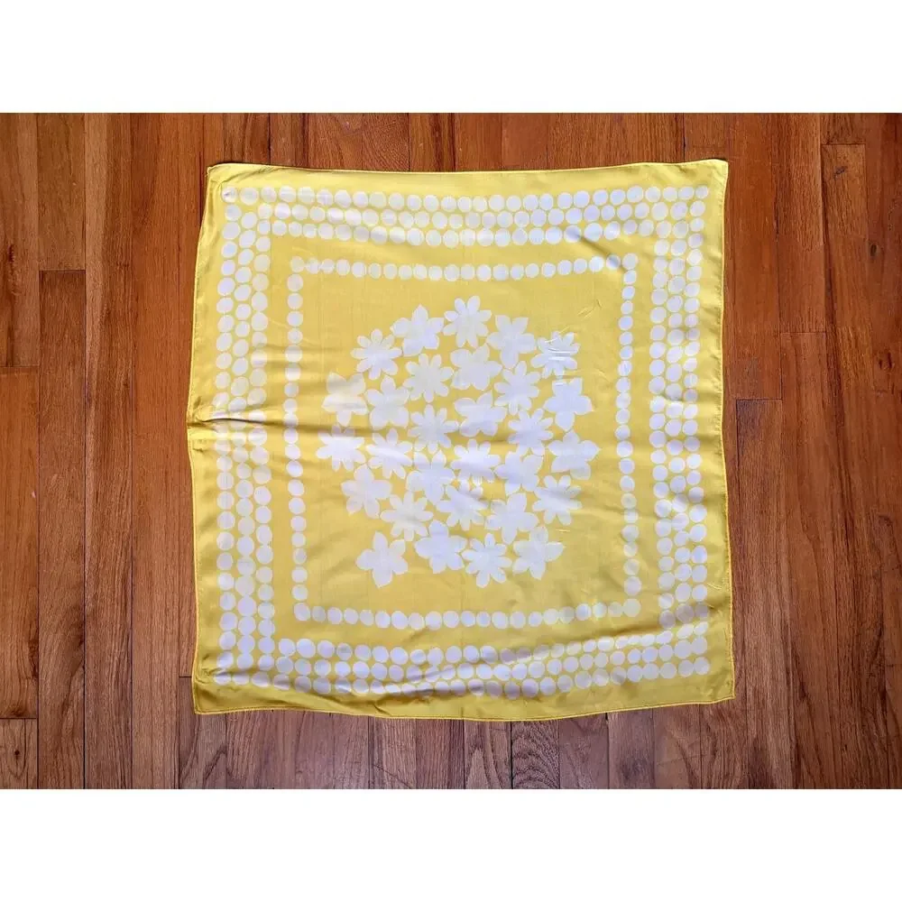 Vintage 60s Yellow Silk Scarf | Daisy Motif + Mod Dotted Border | 25” Square - Picture 2 of 6